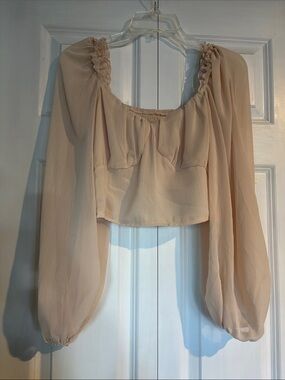 Smocked Square-Neck Chiffon Crop Top - Beige